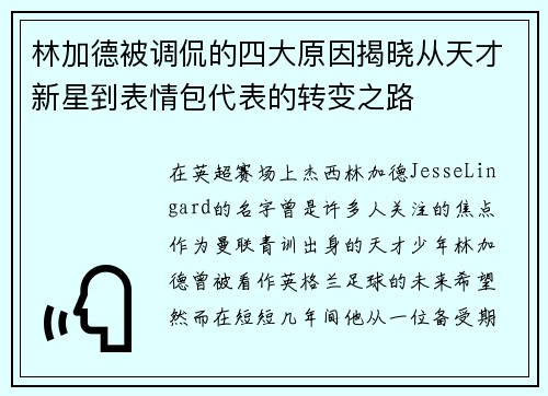 林加德被调侃的四大原因揭晓从天才新星到表情包代表的转变之路 林加德被调侃的四大原因揭晓从天才新星到表情包代表的转变之路